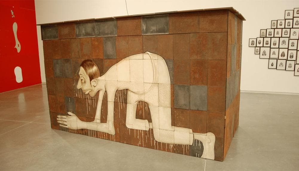 Barry McGee's 1999/2012 shack sided with tin printing trays. (Greg Cook)