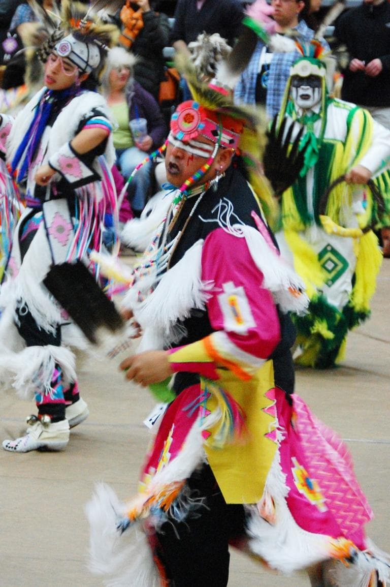 The men's grass dance "is characterized by the graceful swaying movement of the dance, resembling grass blowing across the plains," according to organizers of the "Spring Thaw Pow Wow." (Greg Cook)
