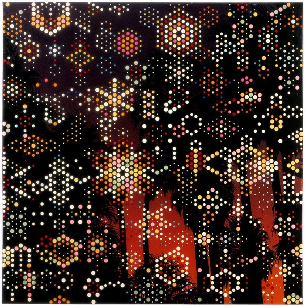 Fred Tomaselli's psychedelic 1995 landscape "49 Palms Oasis," made with mixed media, acrylic, and resin on panel . (© The Artist / Courtesy James Cohan Gallery, New York/Shanghai)