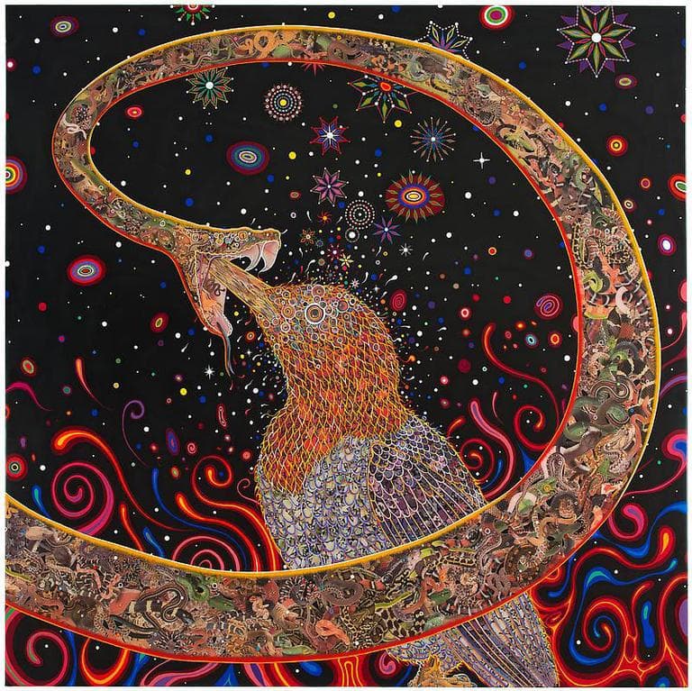 Fred Tomaselli's 2012 painting "Penetrators (Large) ," featuring photo-collage, acrylic and resin on wood panel . (© The Artist / Courtesy James Cohan Gallery, New York/Shanghai)