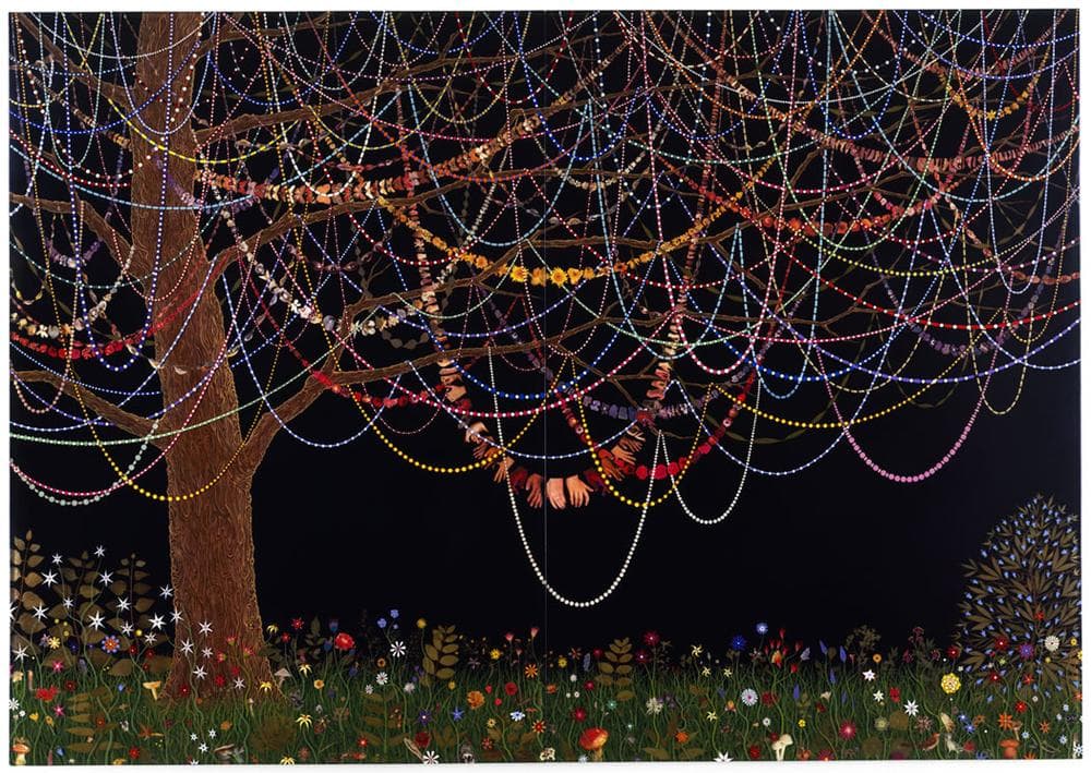Fred Tomaselli's 2005 painting "Hang Over," with leaves, pills and acrylic, resin on wood panel. (© The Artist / Courtesy James Cohan Gallery, New York/Shanghai)
