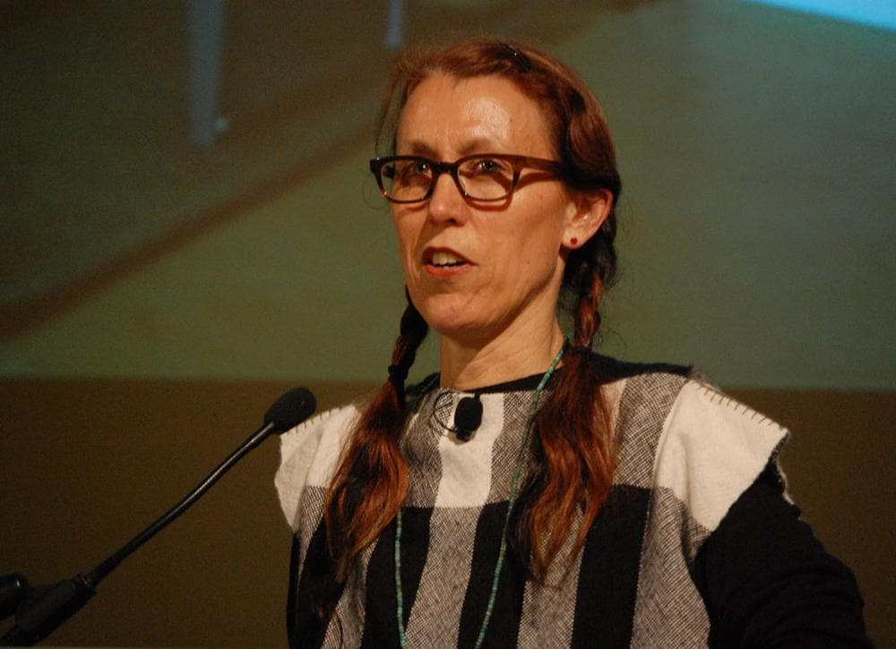 Andrea Zittel speaks at Boston University's Morse Auditorium on April 3. (Greg Cook)