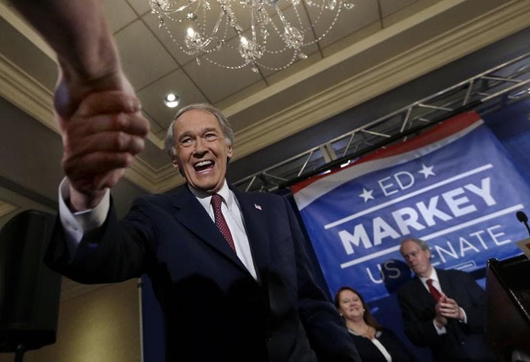 U.S. Senate candidate Ed Markey shakes hands with a supporter in Boston Tuesday as he celebrates winning the Democratic primary for the special U.S. Senate election. (Elise Amendola/AP)