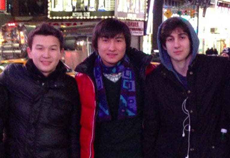 This undated photo added on April 18, 2013, to the VK page of Dias Kadyrbayev shows, from left, Azamat Tazhayakov and Dias Kadyrbayev, from Kazakhstan, with Boston Marathon bombing suspect Dzhokhar Tsarnaev in Times Square in New York. (AP Photo/VK)