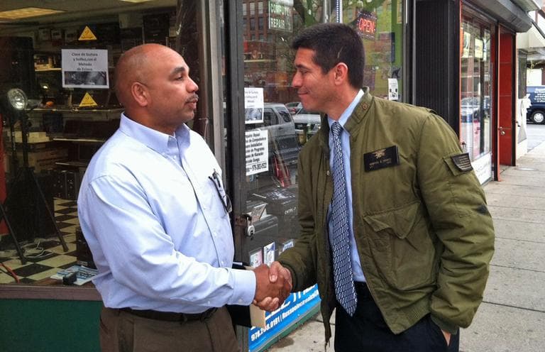 Republican candidate Gabriel Gomez campaigns in Lawrence on Thursday, May 9, 2013. (Fred Thys/WBUR)