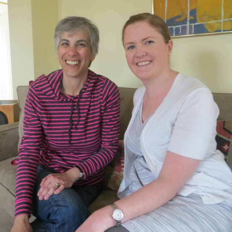 Brain cancer patient Dr. Lauren Farber (left) with Jenniffer Lemmerman (right), manager of field advocacy at the National Brain Tumor Society. (Bruce Gellerman/WBUR)
