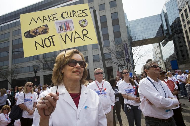 Lorraine Gudas, chair of pharmacology at Weill Cornell Medical College, participates in a "Rally for Medical Research," Monday, April 8, 2013, in Washington. The rally focused on sequestration’s cuts to NIH funding, impacting patients, jobs, and research. (Jacquelyn Martin/AP)