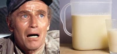 Charlton Heston (left) is pictured in a scene from the 1972 film "Soylent Green." (MGM) At left, a pitcher of Soylent. (Soylent/Facebook)
