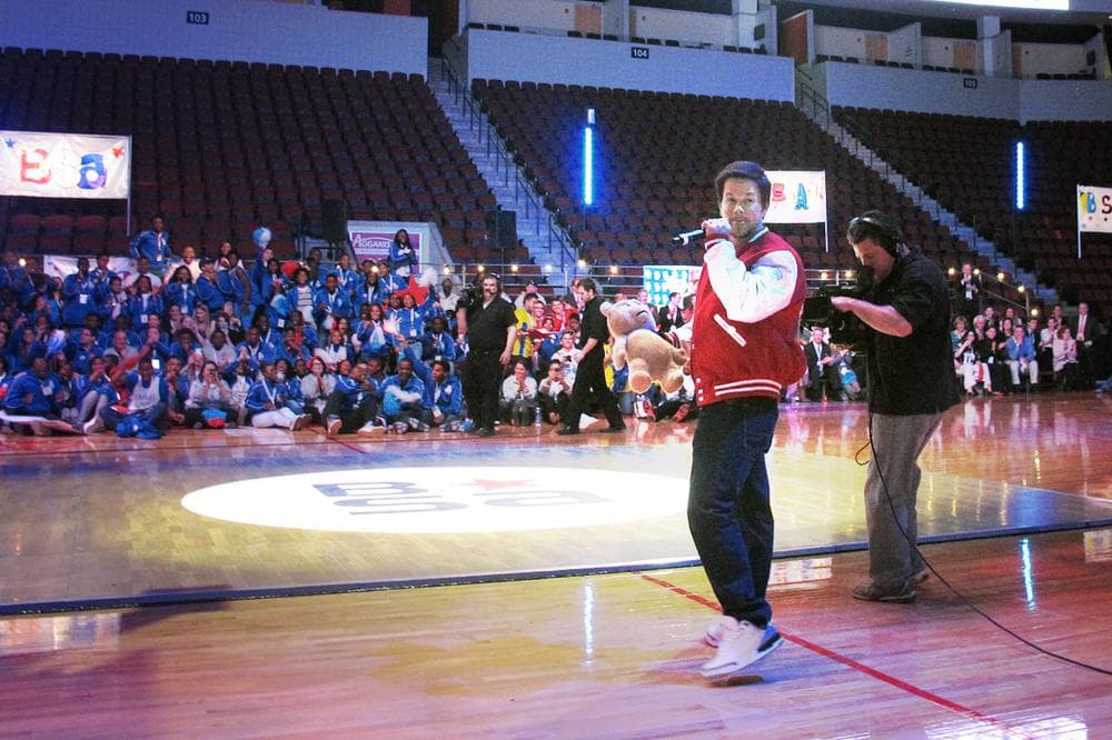 Actor (and former Suffolk construction worker) Mark Wahlberg appears at a BSA pep rally fundraiser. (Karen Given/WBUR)