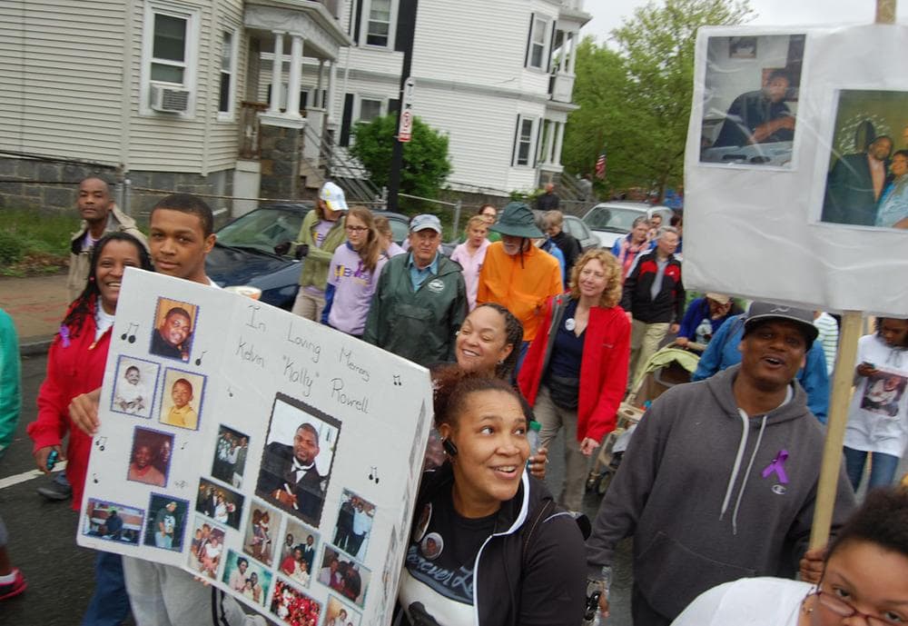 In Loving Memory” of Kelvin Rowell, a 40-year-old who suffered an asthma attack while fleeing shots in Roxbury on Jan. 23, 2012. He fell into a coma for a month and never woke up, dying on March 5. (Greg Cook)