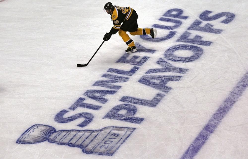 Bruins right wing Jaromir Jagr skates alone during a warm-up.  But, as Boston faces Pittsburgh, the former Penguin has a championship team behind him. (Matt Slocum/AP)