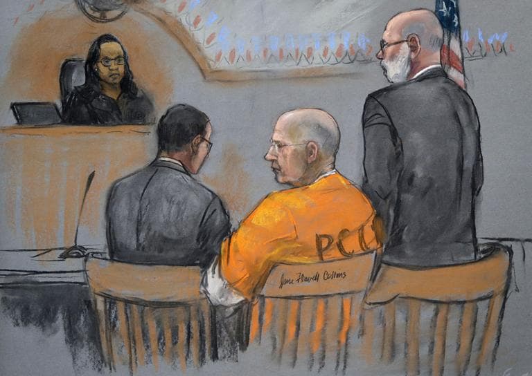 A courtroom sketch depicts James "Whitey" Bulger, center, during Monday's pretrial conference (Jane Flavell Collins/AP)