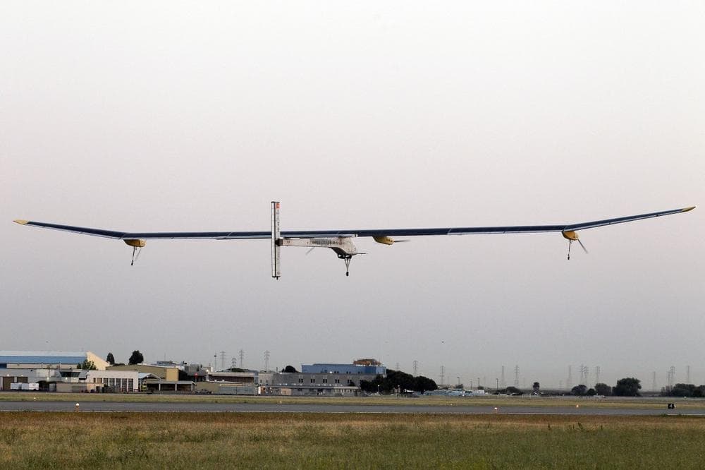 The Solar Impulse plane takes off on a multi-city trip across the United States from Moffett Field NASA Ames Research Center in Mountain View, Calif., Friday, May 3, 2013. (Tony Avelar/AP)