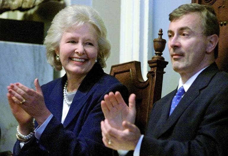 Chief Justice of the Supreme Judicial Court of Massachusetts, Margaret Hilary Marshall, left, smiles as she applauds along with Mass. Gov. Paul Cellucci during swearing in ceremonies for Marshall at Boston's Faneuil Hall, Wednesday, Dec. 1, 1999. (Steven Senne/AP)