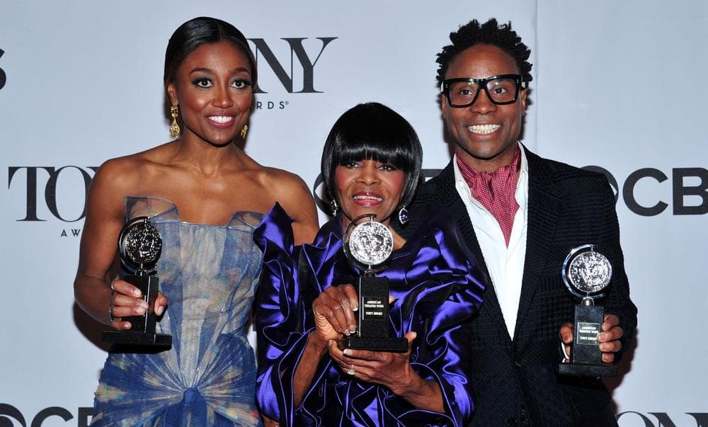 Patina Miller, Tony Award winner of the best actress in a musical category for her role in "Pippen," left, Cicely Tyson, winner of the best actress in a play category for "The Trip to Bountiful", center, and Billy Porter, winner of the best actor in a musical category for his role in "Kinky Boots," pose with their awards in the press room at the 67th Annual Tony Awards, on Sunday, June 9, 2013 in New York. (Charles Sykes/Invision via AP)