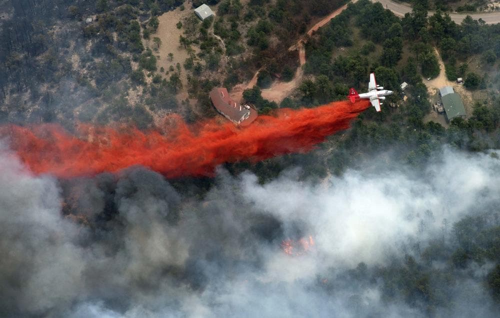 Black Forest Fire Dept. officers burn off natural ground fuel in an evacuated neighborhood, prepping the area for the encroachment of the wildfire in the Black Forest area north of Colorado Springs, Colo., on Wednesday, June 12, 2013. (Brennan Linsley/AP)