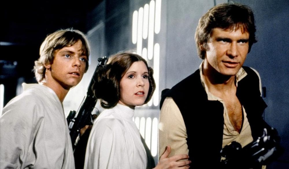  Luke Skywalker (Mark Hamill), Princess Leia Organa (Carrie Fisher), and Han Solo (Harrison Ford) are pictured on the first Death Star in "Star Wars Episode IV: A New Hope" (1977). (Lucasfilm)