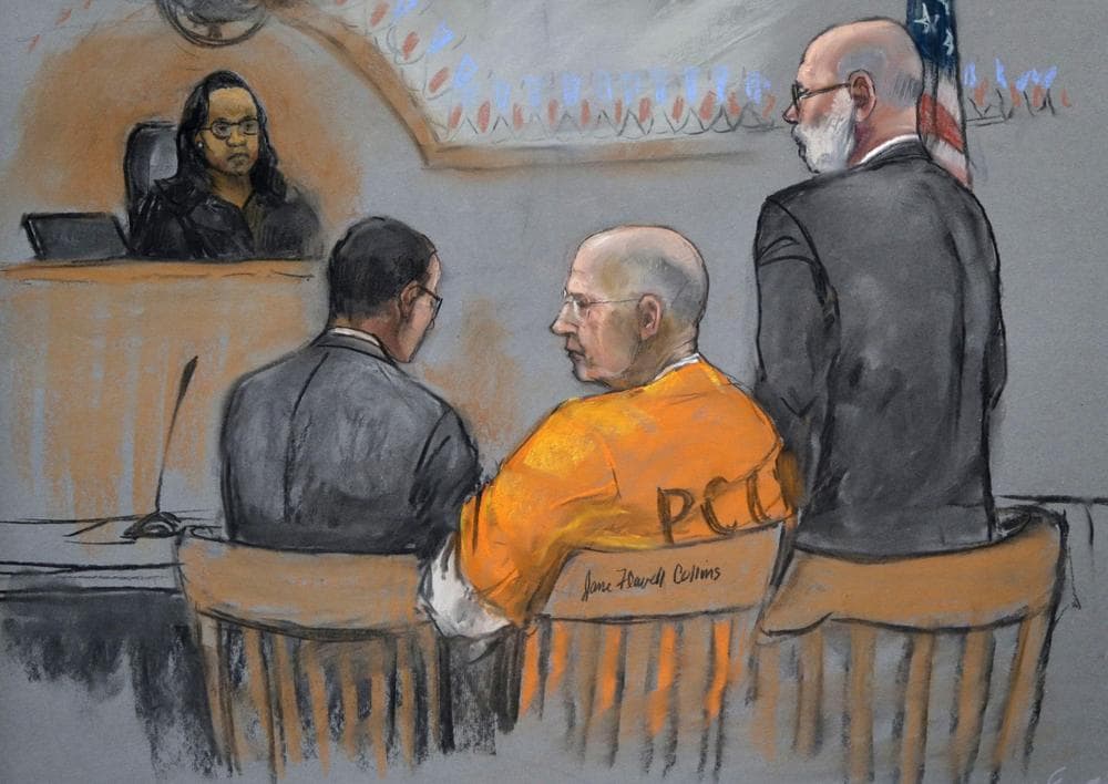 A courtroom sketch depicts James "Whitey" Bulger, center, during a pretrial conference before U.S. District Judge Denise Casper, left rear, in a federal courtroom in Boston Monday, June 3, 2013. Bulger is flanked by his attorneys Henry Brennan, left, and J.W. Carney Jr., standing at right. (AP/Jane Flavell Collins)