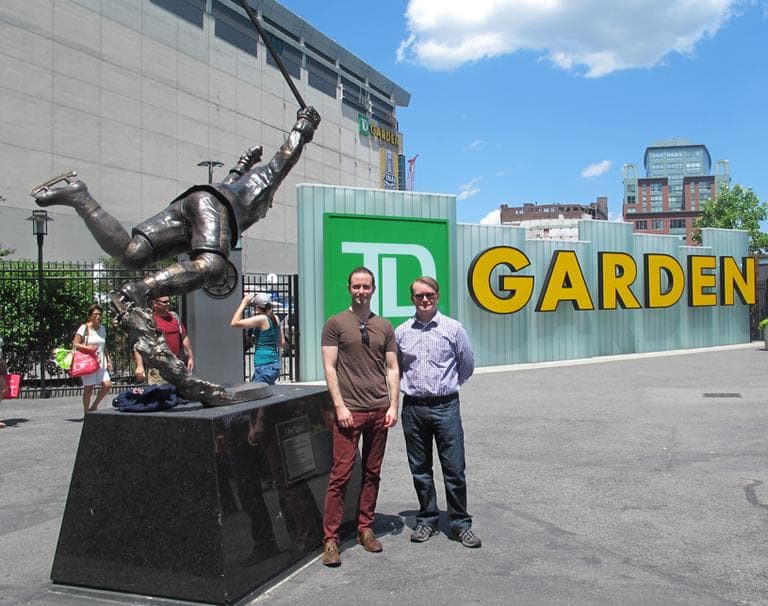 Filmmakers Tom Bean and Luke Poling outside the Garden. (Andrea Shea/WBUR)