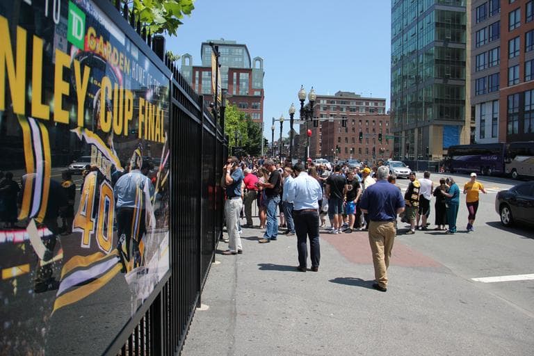 A crowd gathered in front of the TB Garden as early as noon on Wednesday. (Jared Bennett/ WBUR)