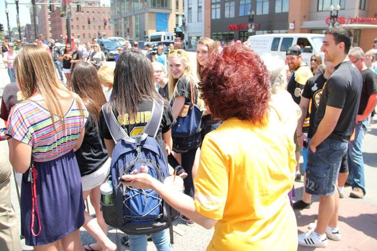 Rallying the fans outside TD Garden. (Jared Bennett/ WBUR)