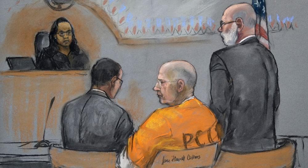 A courtroom sketch depicts James "Whitey" Bulger, center, during a pretrial conference in a federal courtroom in Boston, Monday, June 3, 2013. Bulger is flanked by his attorneys. (Jane Flavell Collins/AP)