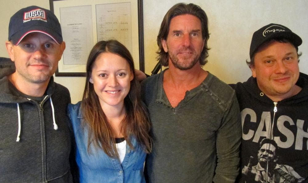 From left: Troy Verges, Hillary Lindsey, Brett James and Gordie Sampson at Pops rehsearsal (Andrea Shea/WBUR)