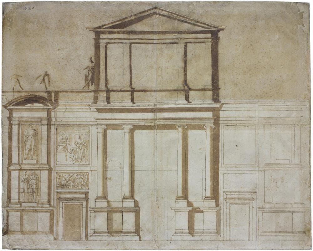 Project for the Façade of San Lorenzo in Florence Michelangelo Buonarroti (Italian (Florentine), 1475–1564) 1516 Black chalk, pen and ink with brown wash *Florence, Casa Buonarroti, inv. 45 A *Organized by the Muscarelle Museum of Art at The College of William & Mary in Virginia *Courtesy, Museum of Fine Arts, Boston (Courtesy)