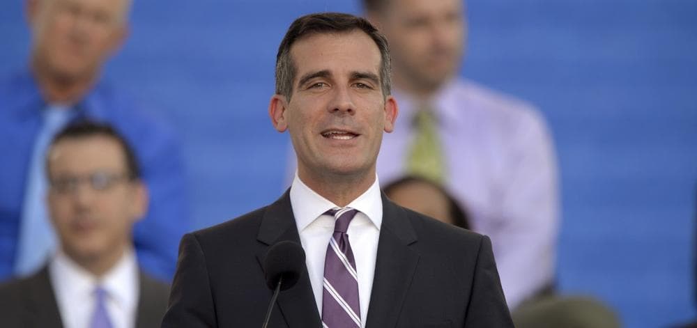 Los Angeles Mayor Eric Garcetti speaks in front of city hall after being sworn in, Sunday, June 30, 2013, in Los Angeles. (Mark J. Terrill/AP)