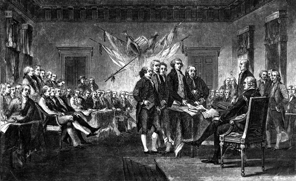 This undated engraving shows the scene on July 4, 1776, when the Declaration of Independence was approved by the Continental Congress in Philadelphia, Pa. (AP)