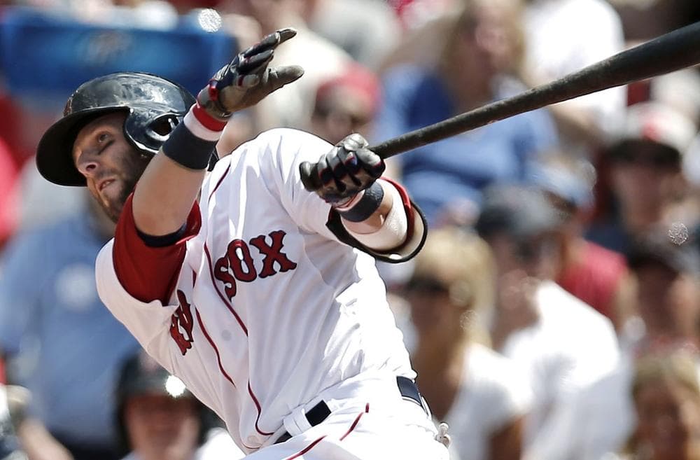 Boston Red Sox's Dustin Pedroia watches his single during the fifth inning of a baseball game against the San Diego Padres at Fenway Park in Boston.(AP/Winslow Townson)