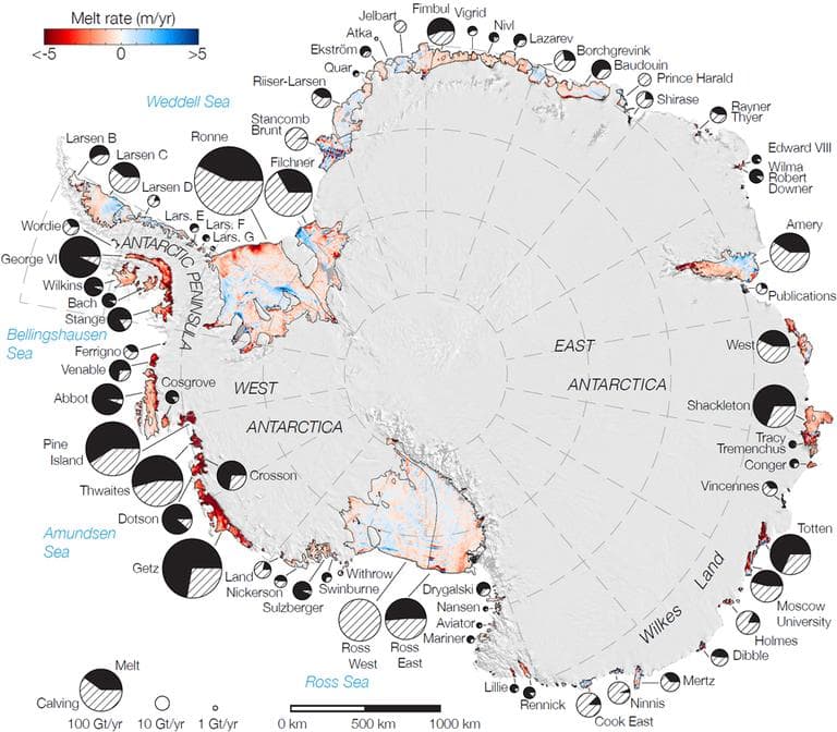 Rates of basal melt of Antarctic ice shelves (melting of the shelves from underneath) overlaid on a 2009 mosaic of Antarctica created from data from NASA's Moderate Resolution Imaging Spectroradiometer (MODIS) instrument aboard NASA's Terra and Aqua spacecraft. (NASA)