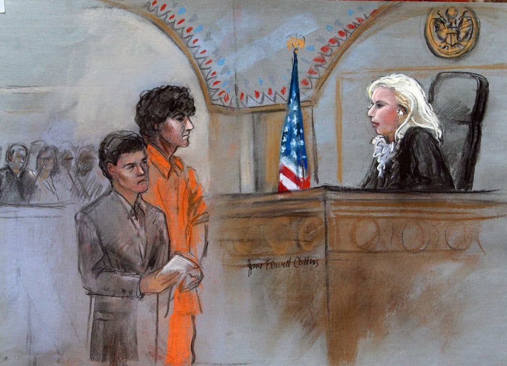 The trial of marathon bombing suspect Dzhokhar Tsarnaev begins this fall in Boston. But no cameras or recorders are allowed inside federal court, and so sketches like this will provide the only public glimpse of the suspect. (Jane Flavell Collins/AP)