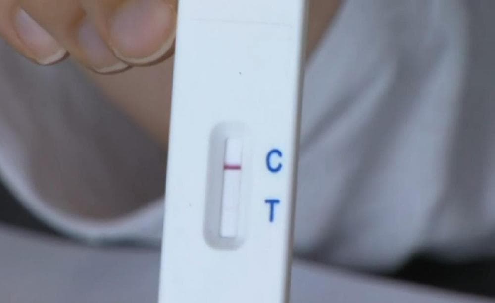 BBC correspondent Celia Hatton holds up the results of a home food test, indicating that the milk is contaminated. (BBC video screenshot)