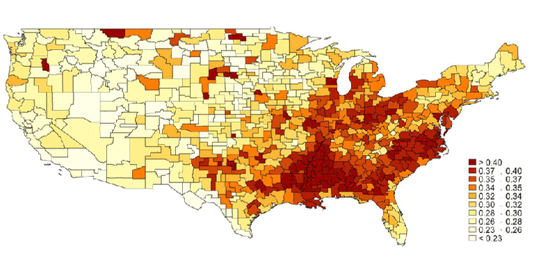 A map displaying upward mobility by region. Darker shades indicate lower intergenerational mobility. (Harvard University)