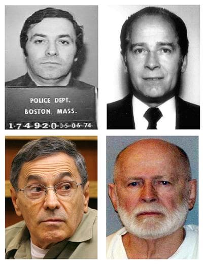 Clockwise from top left: Stephen "The Rifleman" Flemmi, in 1974 from the Boston Police Department; James "Whitey" Bulger, in 1984 from the FBI; Bulger, in a June 23, 2011 booking photo provided by the U.S. Marshals Service; Flemmi, on Sept. 22, 2008, as he testified in a Miami court in the murder trial of former FBI agent John Connolly. (AP) 
