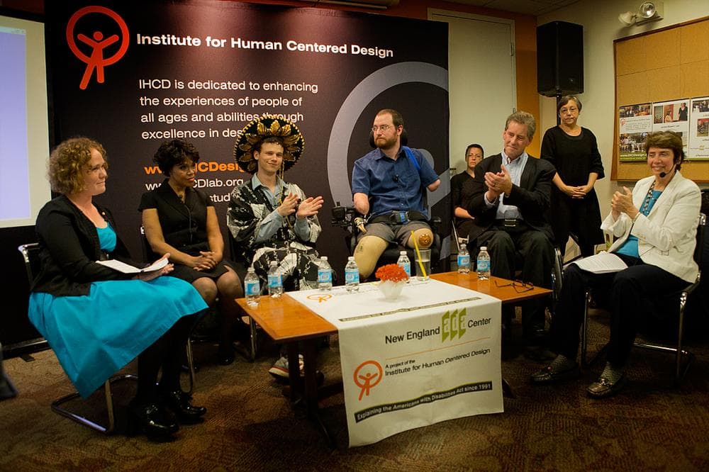 (Beginning 2nd from left) Veronica Blackwell, Jack Hanke, Will Lautzenheiser and Joe Genera made up the "Laugh And Learn: Comedians With Disabilities" panel at the Institute for Human Centered Design. (Jesse Costa/WBUR)