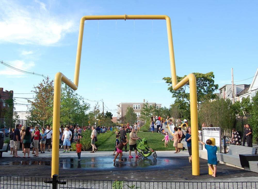 A signature feature of Harris Park is the water shower, which doubles as a support for a movie screen. (Greg Cook)