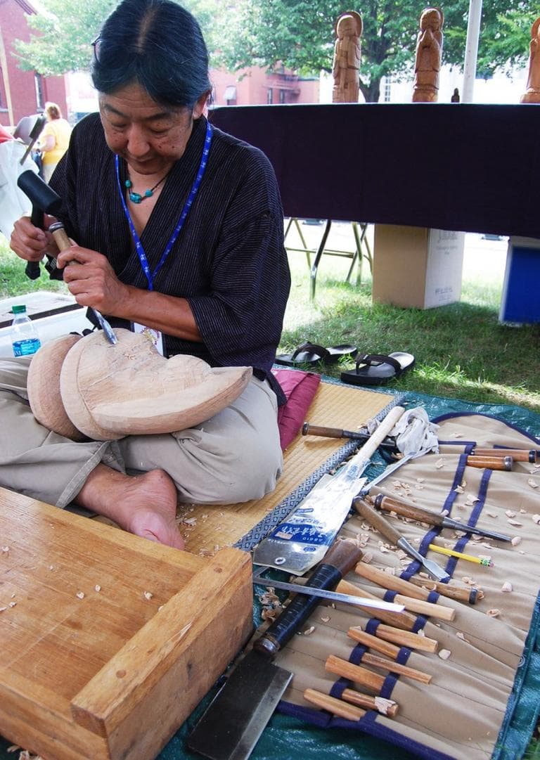 I’m an artist and I have a Japanese background. I became interested in Buddhism and I was very interested in social change and the peace movement. I traveled to Japan and met a Buddhist sculptor and all those ideas came together,” says Thomas Matsuda of Conway, who was carving an Amida Buddha from wood. “I feel Buddhism is very peaceful and nonviolent. And bringing, not necessarily religion, but spirituality is important in our time. Not necessarily promoting Buddhism, but reverence and respect and compassion is what the world needs more of.” (Greg Cook)