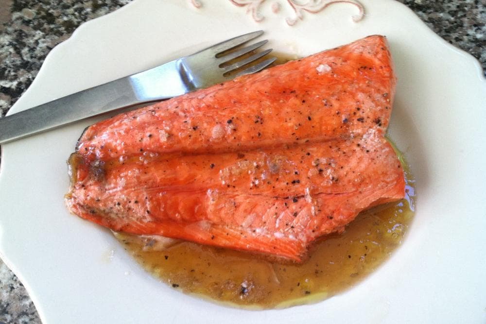 "Grilled Salmon with Maple Glaze and Sea Salt." (Kathy Gunst/Here &amp; Now)