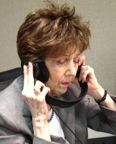 Scott Simon posted this photo of his mother, Patricia Lyons Simon Newman, with the following caption, "My mother, enthralled as her son conducts interview at @WBEZ," May 21, 2013. (Twitter) 