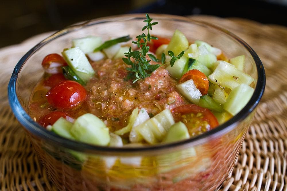 Kathy Gunst's Tomato Vegetable Gazpacho. (Jesse Costa/Here &amp; Now)