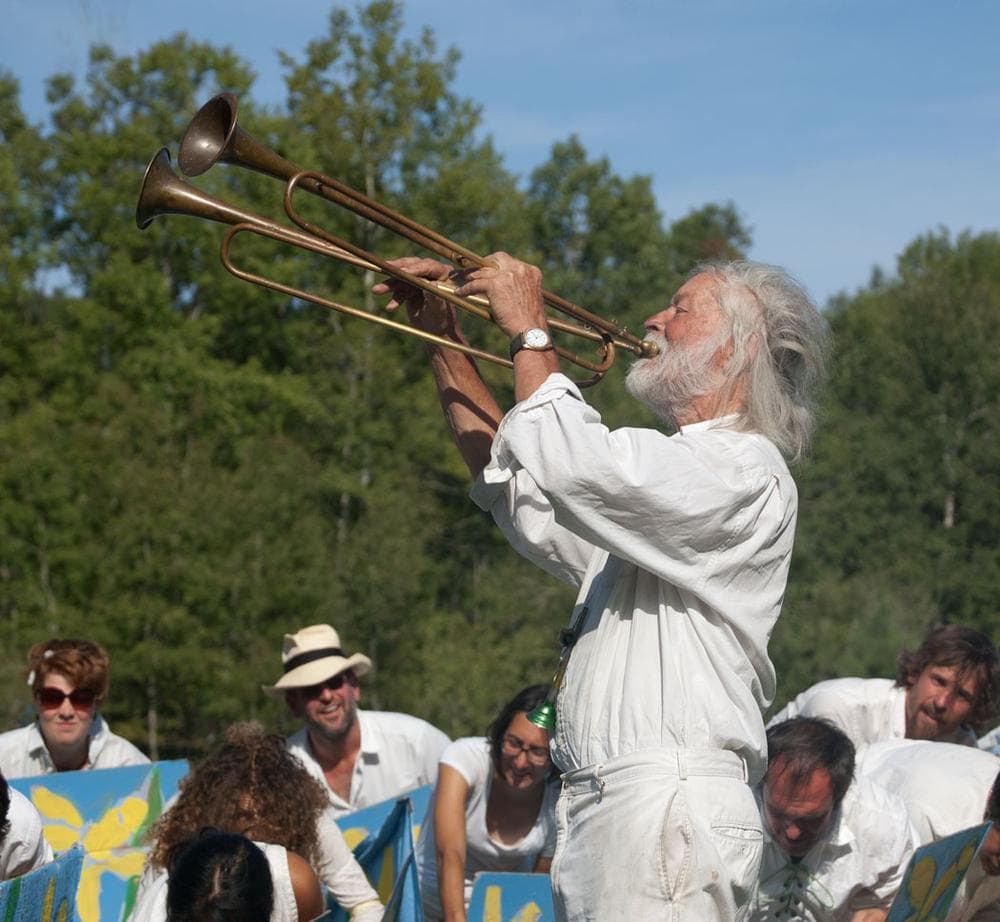 Peter Schumann plays his trumpets during the circus. (Greg Cook)