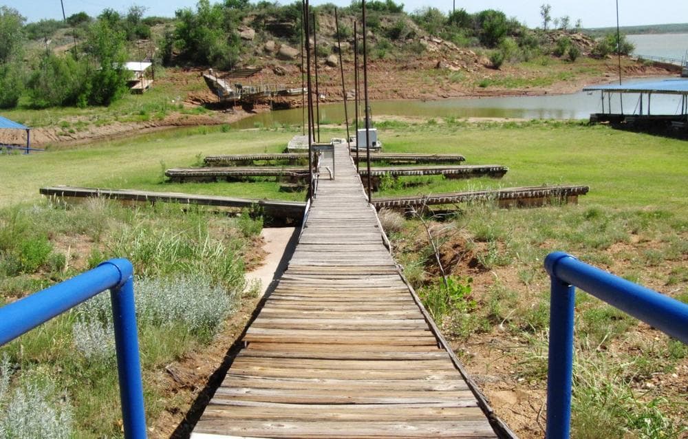 A commercial marina's docks are yards away from the waterline of White River Lake, Texas, due to ongoing drought conditions, July 9, 2013. (Betsy Blaney/AP)