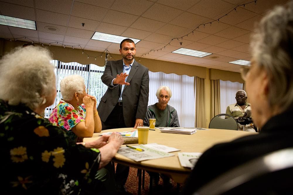 Felix Arroyo campaigning in Brighton. (Jesse Costa/WBUR)