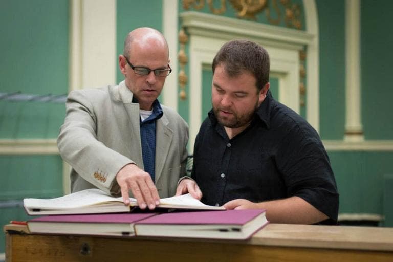 Odyssey Opera artistic director Gil Rose, left, and tenor Kristian Benedikt rehearse "Rienzi." (Odyssey Opera, via Facebook)