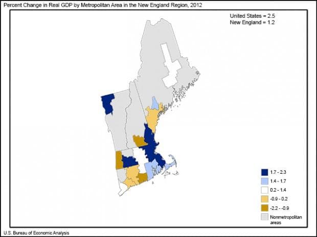New England metros' GDP change in 2012 (U.S. Bureau of Economic Analysis)