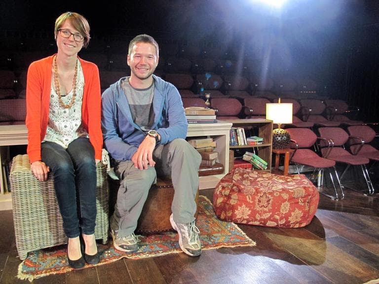 Director M. Bevin O'Gara and actor James Caverly on the set of SpeakEasy Stage Company's production of "Tribes." (Andrea Shea/WBUR)