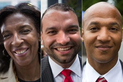 Minority mayoral candidates, from left, Charlotte Golar Richie, Felix Arroyo and John Barros received more than 34,000 votes combined in Tuesday's preliminary, but finished Nos. 3, 5 and 6, respectively. (WBUR photos)