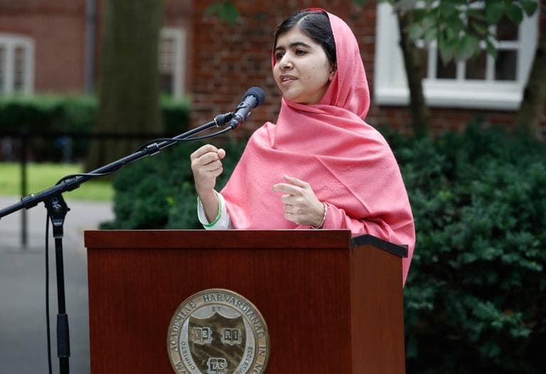 Malala Yousafzai speaks at Harvard University Friday. The Pakistani teen, an advocate for girls' education, survived a Taliban assassination attempt last year on her way home from school. (Jessica Rinaldi/AP)